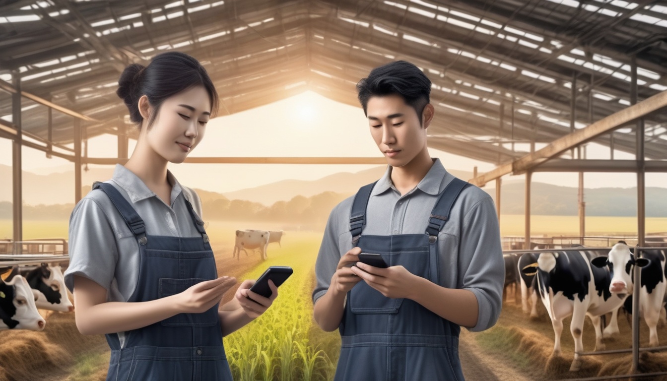 早朝の牛舎でスマートフォンを確認する若い酪農家