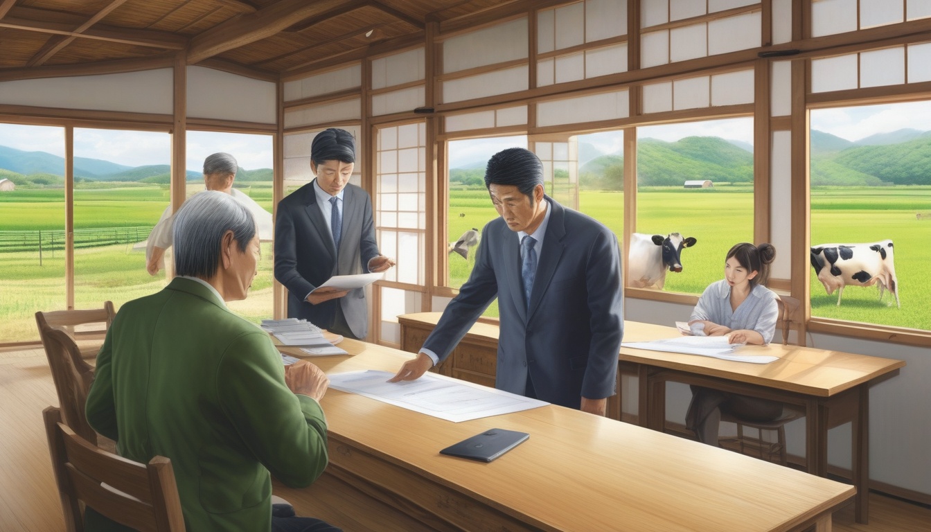 農協事務所で支援制度の資料を確認する打ち合わせ風景